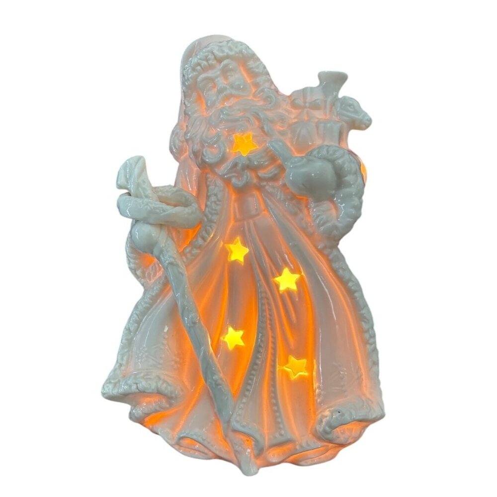 Kirkland Ceramic Santa Claus Light Up Figure White Star Cutouts 8.5"